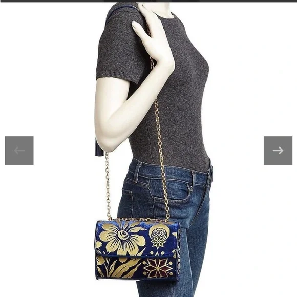 Tory Burch Blue Fleming Velvet Cosmic Floral Small Convertible Shoulder Bag